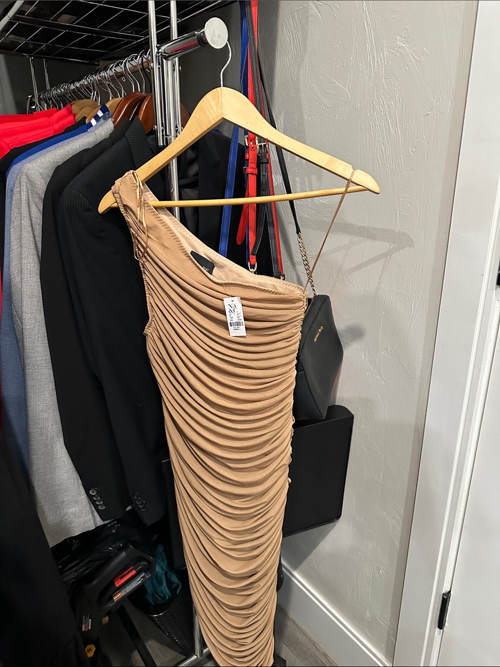 New York & Company One-Shoulder Ruched Midi Dress in Camel Tan